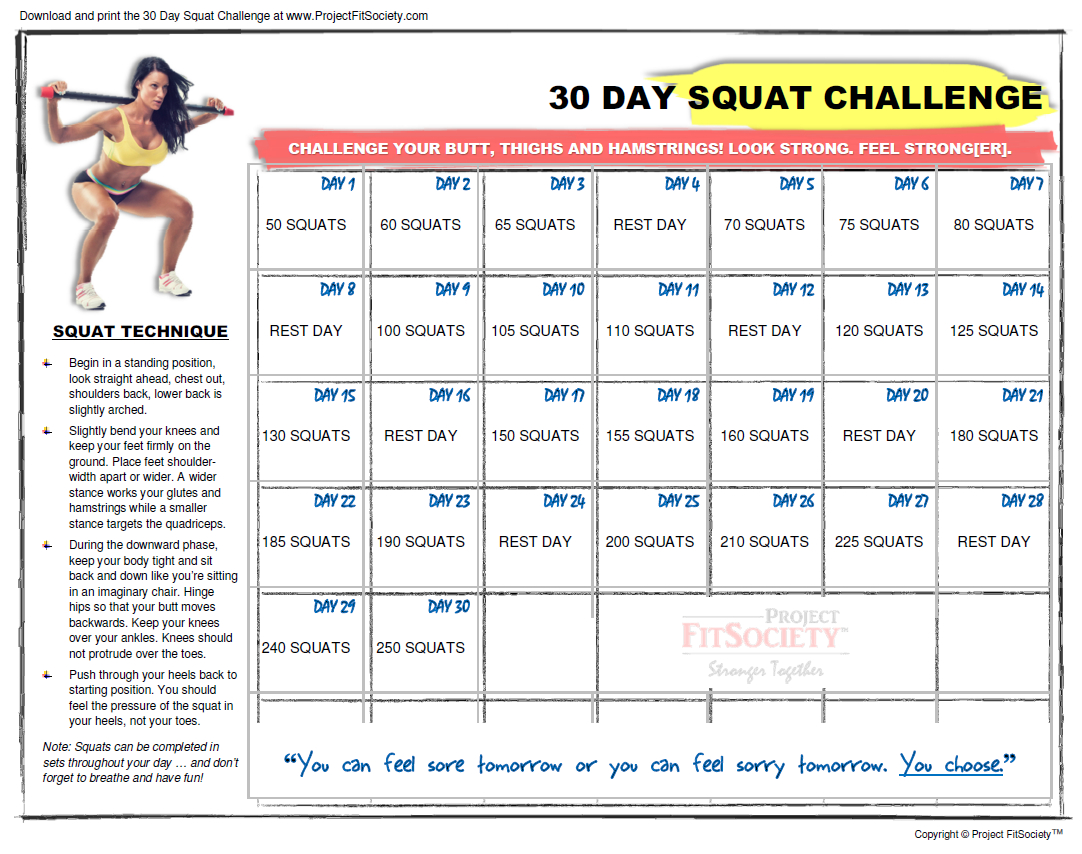 30 Day Squat Challenge Schedule Calendar | Printable intended for 30 Days Calendar Template