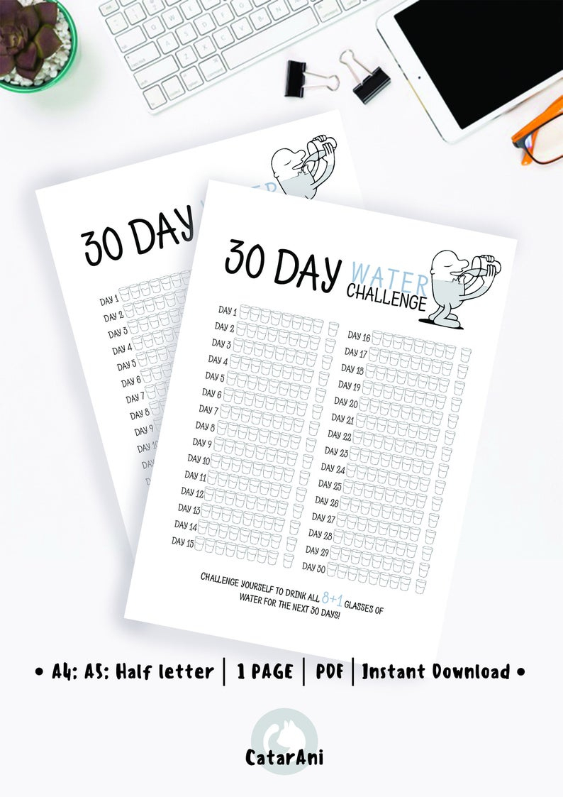 30 Day Water Challenge Printable Page Planner Page Instant within 30 Day Water Challenge Printable