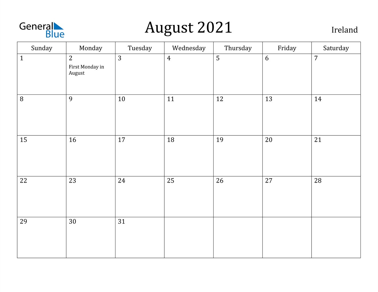 August 2021 Calendar  Ireland intended for August 2021 Calendar Print
