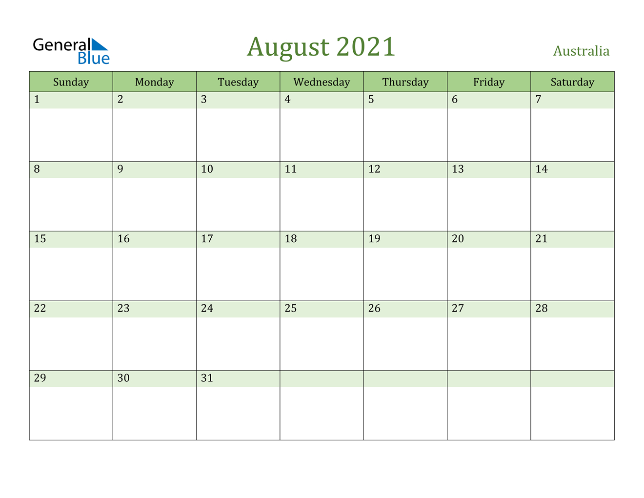 Australia August 2021 Calendar With Holidays in August 2021 Template Calendar
