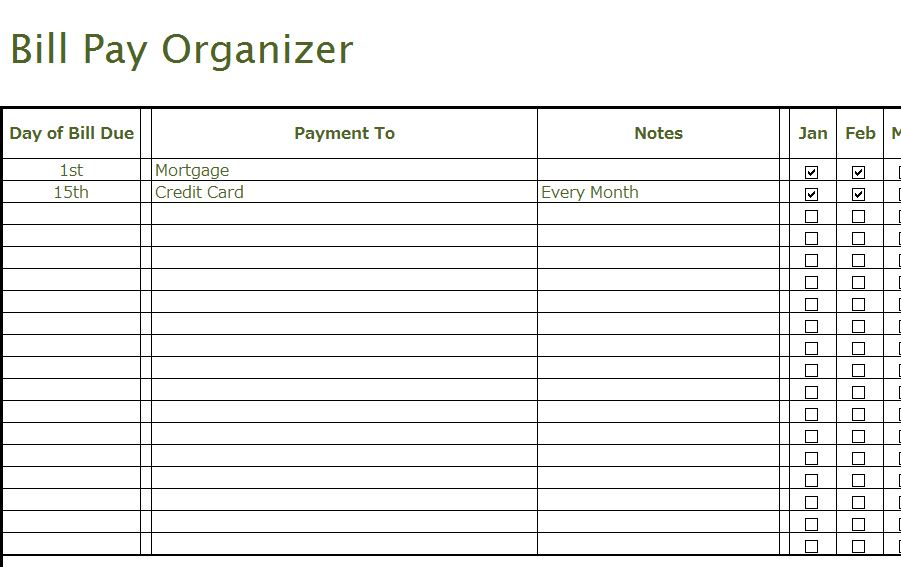 Bill Pay Organizer  My Excel Templates regarding Bill Payment Chart
