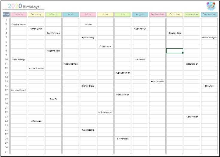 Birthday Calendar Excel Template Fillable Birthday Planner with Birthday Calendar Template Excel