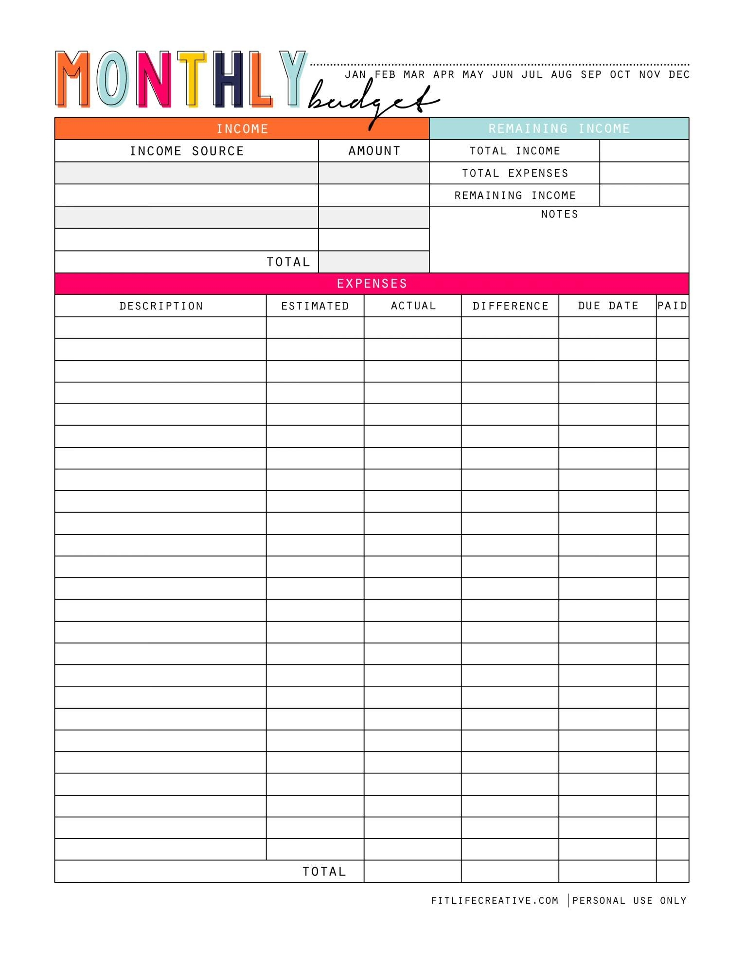 Blank Monthly Budget Excel Spreadsheet | Free Calendar for Excel Monthly Tracker Template