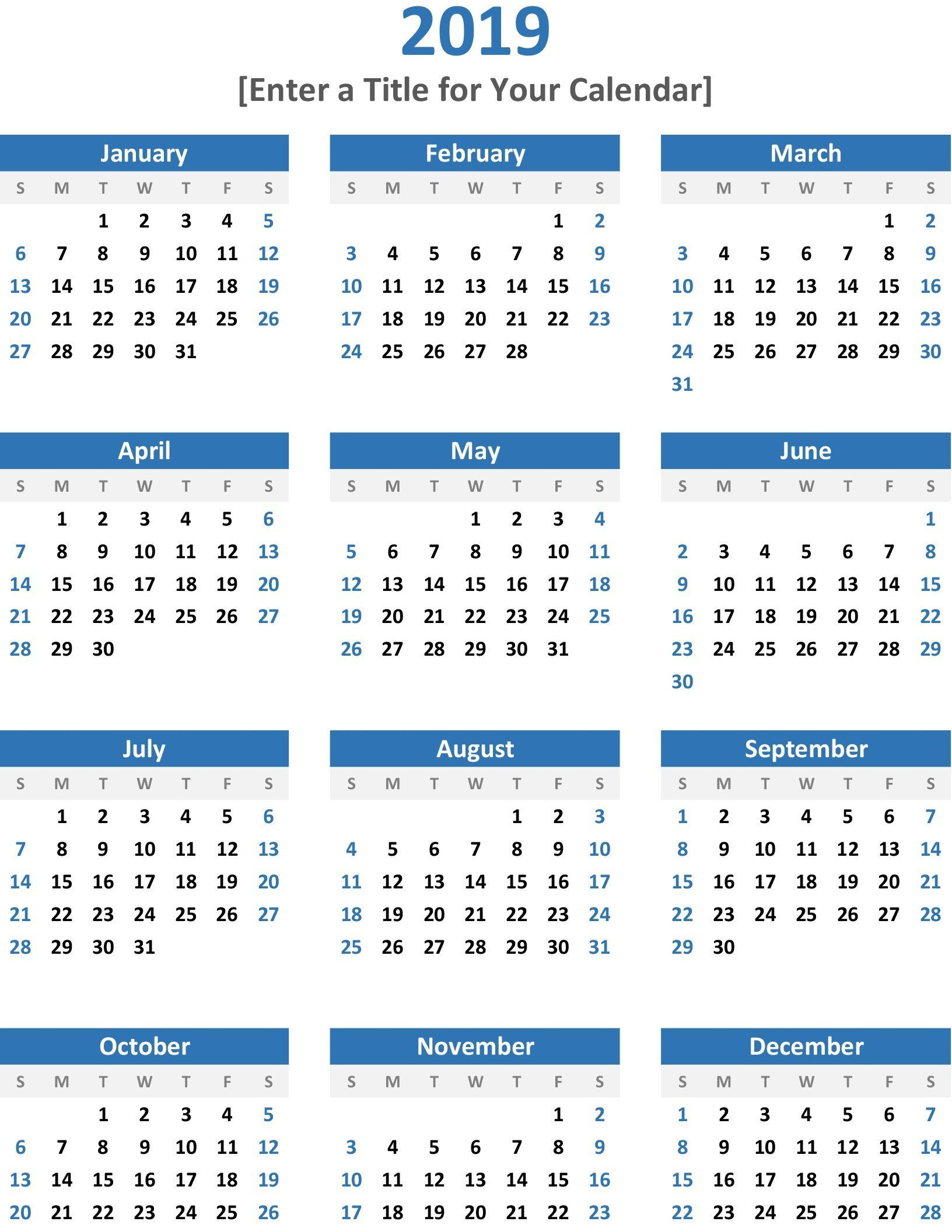 Calendar 2019 Year At A Glance :Free Calendar Template with Year At A Glance Calendar Template