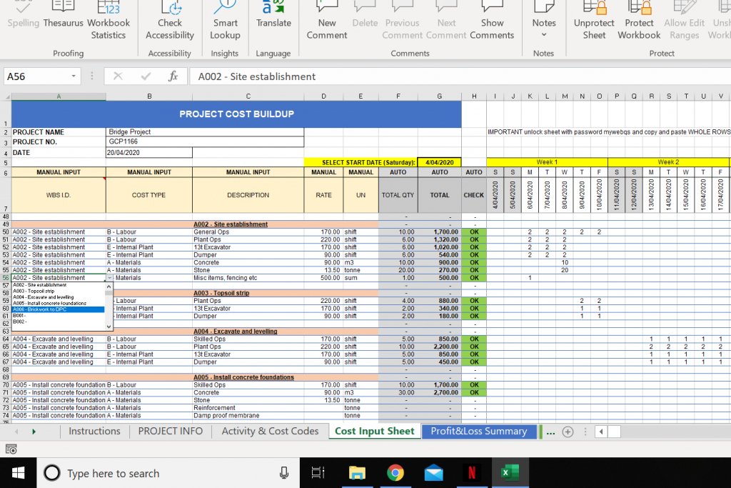 Construction Budget Excel Template  Cost Control Template with Calendar Control Excel