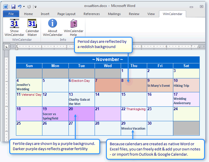 Create A Period &amp; Fertility Calendar In Word Or Excel intended for How To Export Google Calendar To Excel