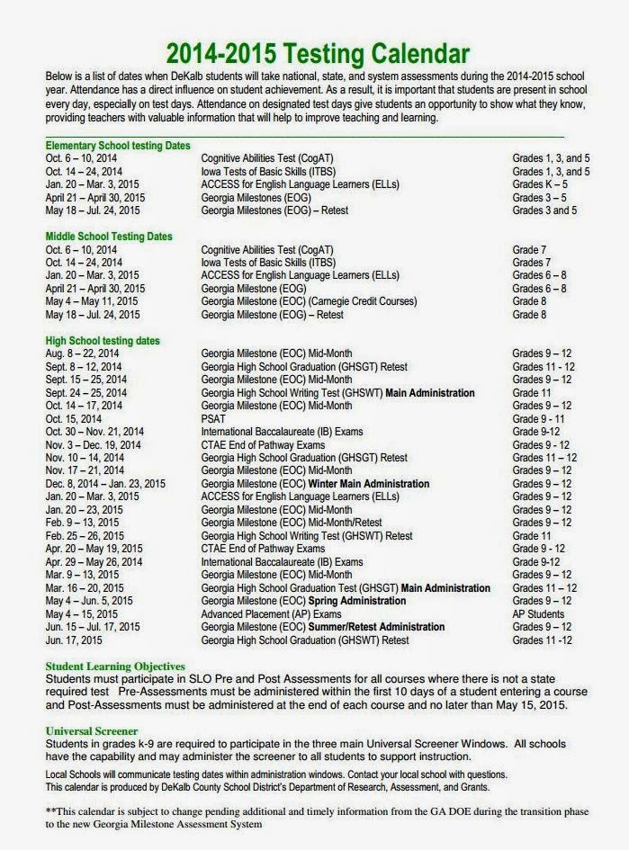 Dekalb County Schools Test Calendar 20142015  The Aha throughout Uga School Calendar