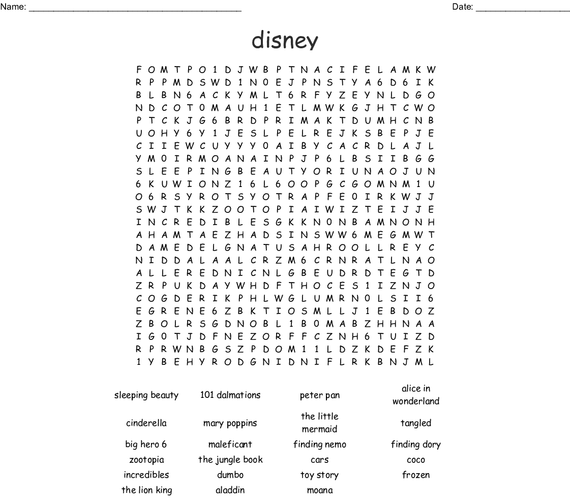 Disney And Pixar Films Word Search  Wordmint pertaining to Disney Movies Word Search