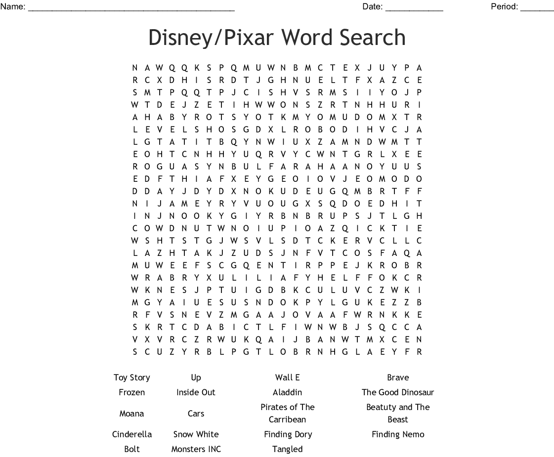 Disney And Pixar Films Word Search  Wordmint throughout Disney Movies Word Search