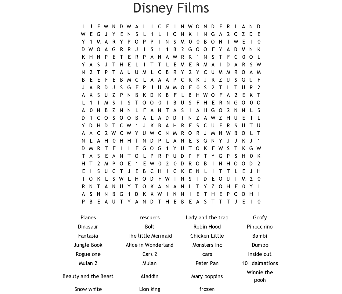 Disney Movies Word Search  Wordmint throughout Disney Movies Word Search