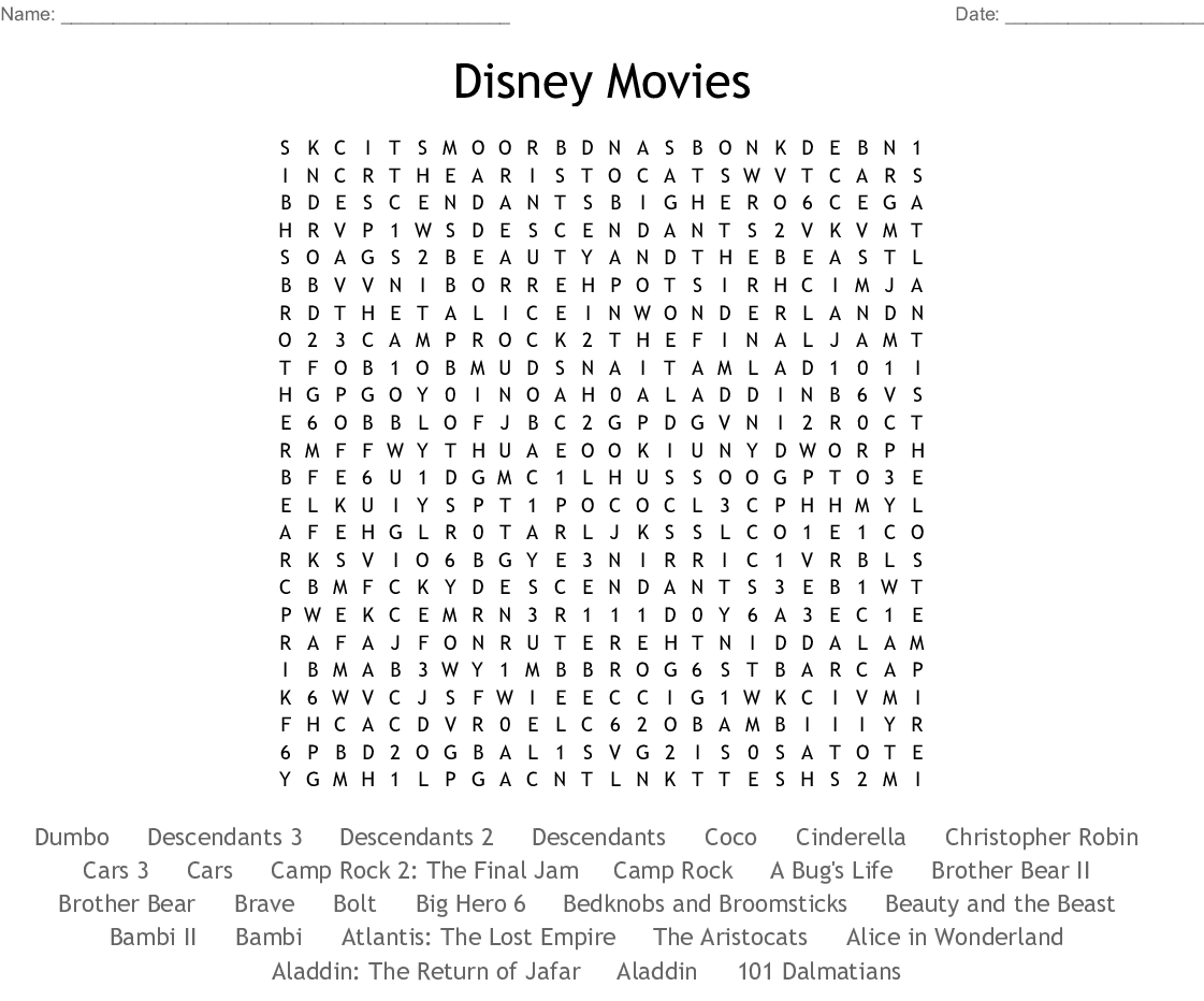 Disney Movies Word Search  Wordmint within Disney Movies Word Search