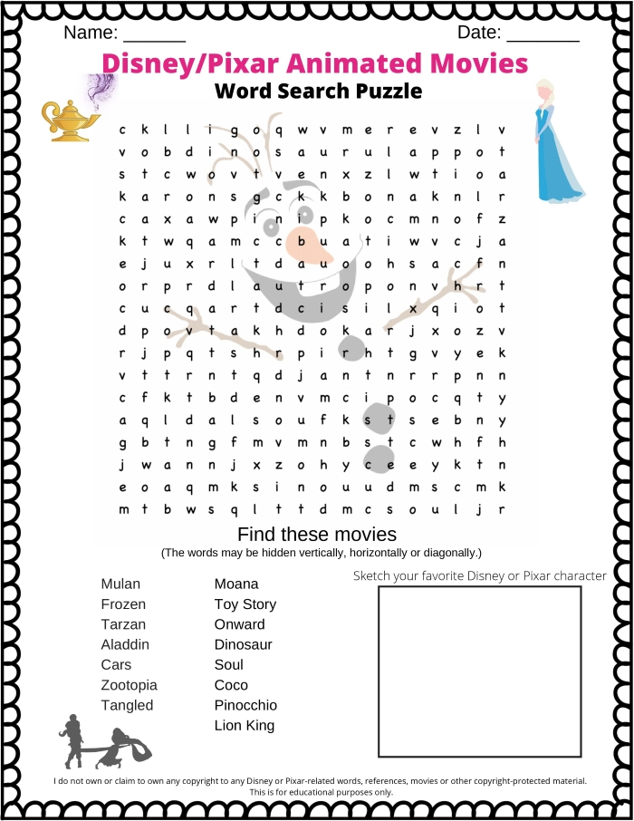 Disney Word Search  Animated Movies From Disney Or Pixar for Disney Movies Word Search