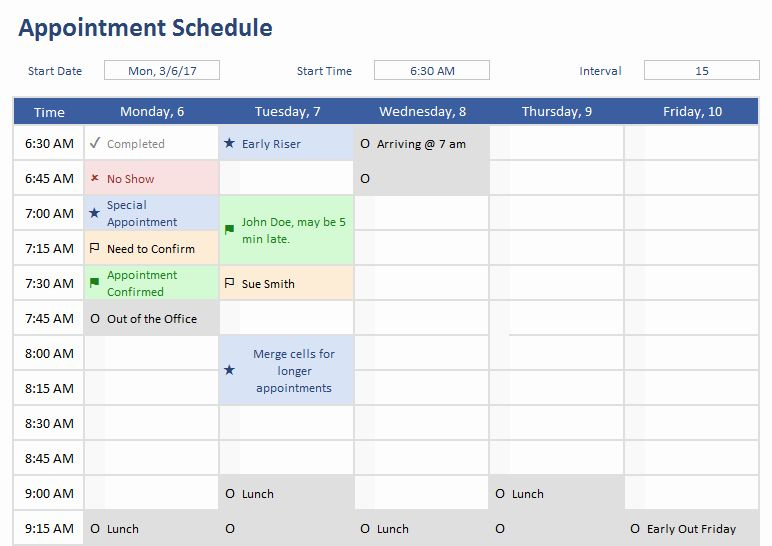 √ 30 Daily Appointment Schedule Template (2020) | Weekly with Wingdings Calendar Symbol