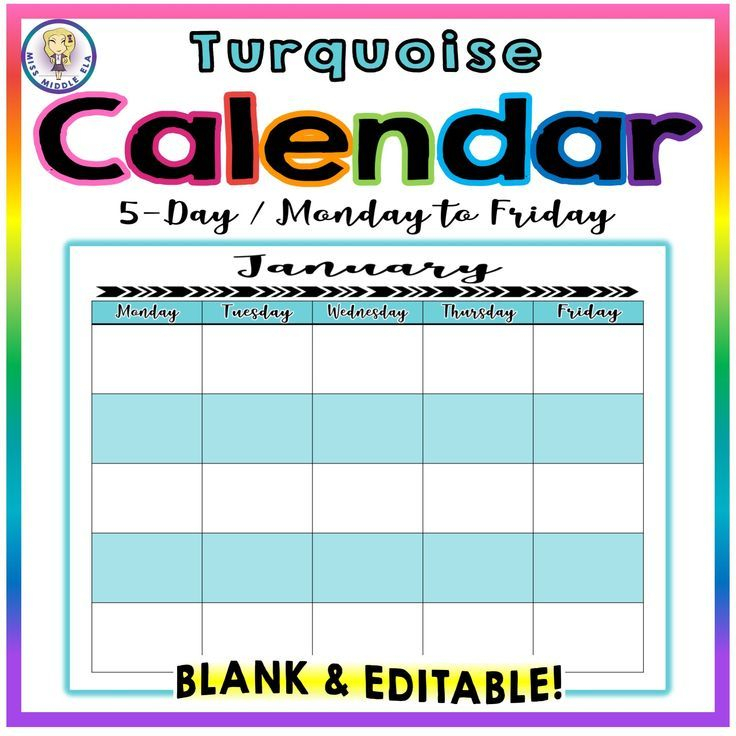 Editable! Blank Yearly Calendar  5Day  Monday To Friday in Blank 5 Day Calendar