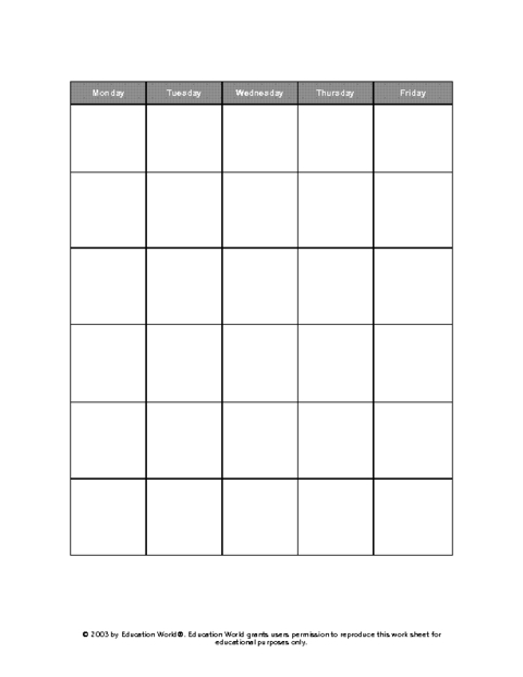 Education World: Five Day Calendar Grid Template | Weekly Calendar Template, Calendar Template with 5 Day Calendar Template