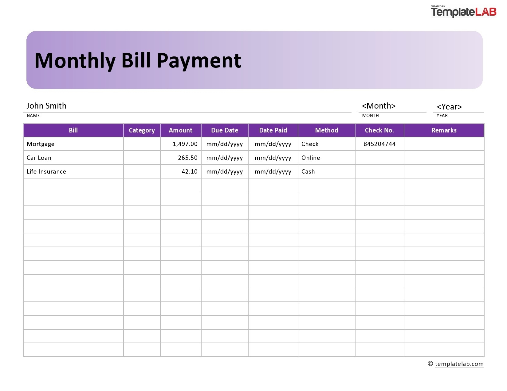 Fillable Monthly Bill Payment Template  Template Calendar in Bill Payment Calendar Printable