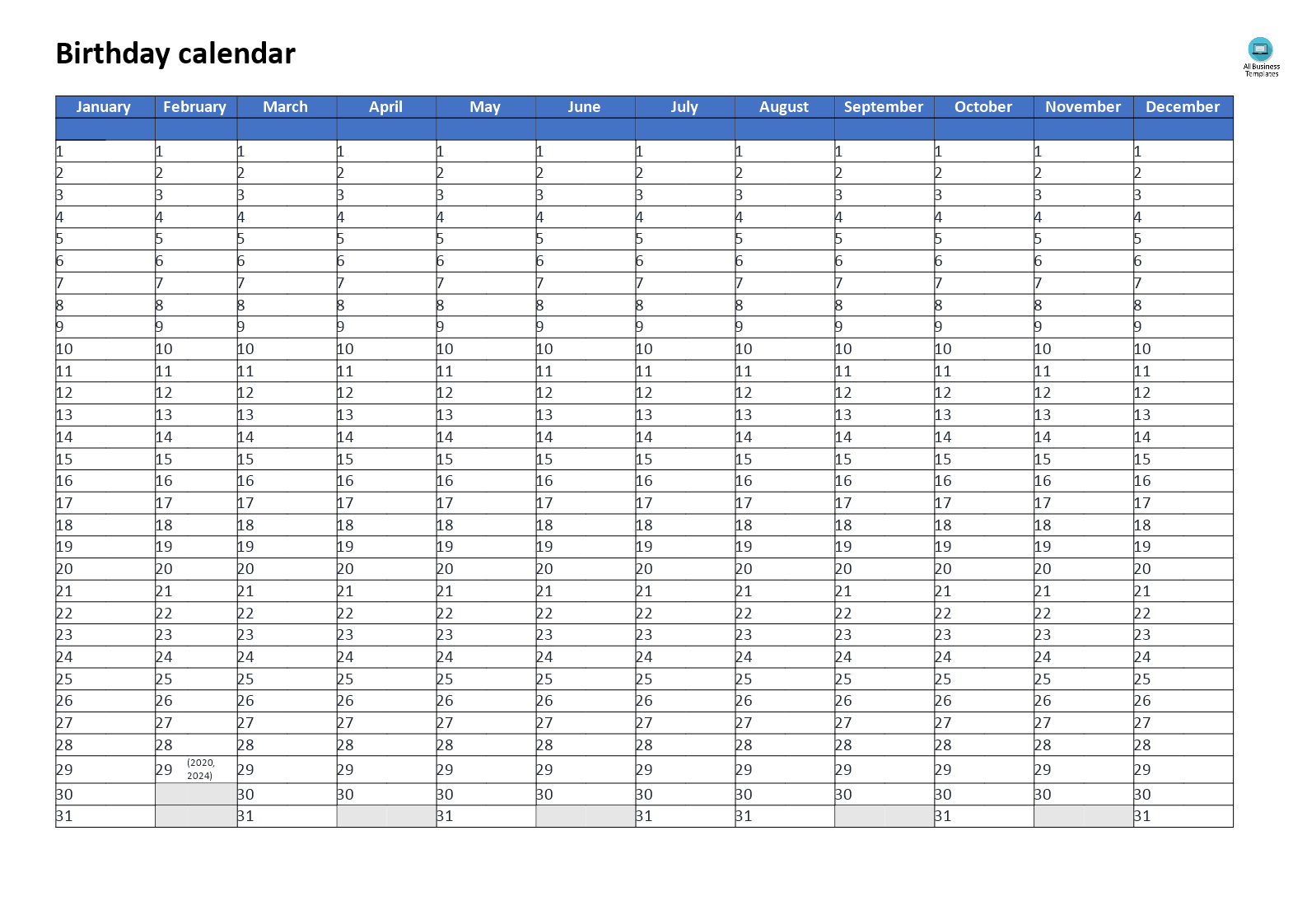 Free Birthday Calendar Landscape A3 | Templates At within Birthday Calendar Template Excel