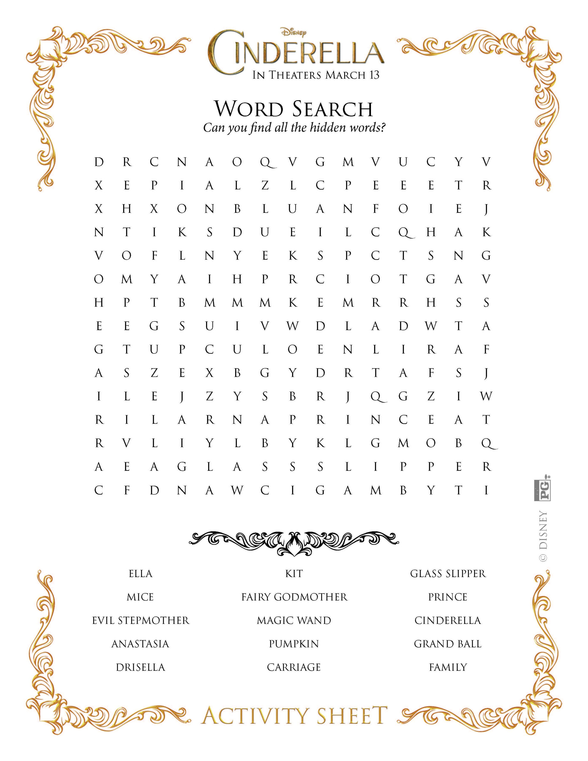 Free Cinderella Printable Activity Sheets  Highlights with regard to Disney World Word Search
