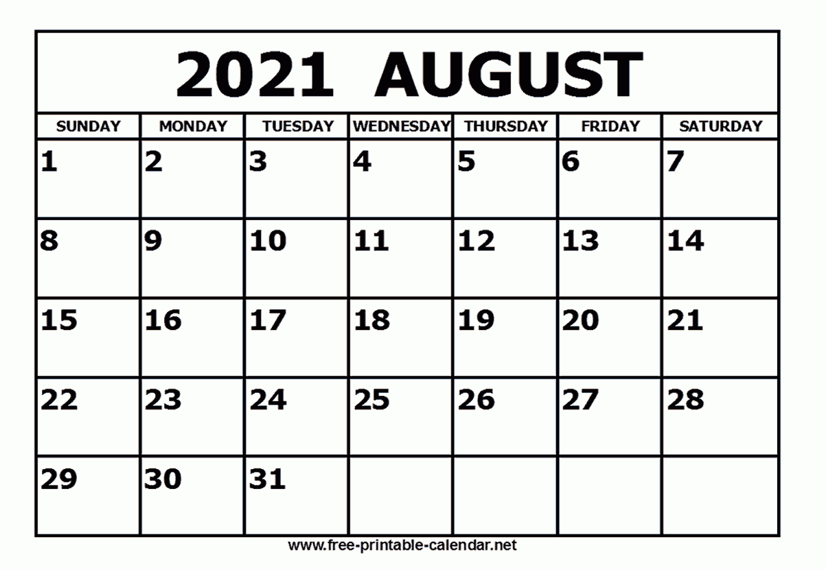 Free Printable August 2021 Calendar with Blank Monthly Calendar 2021