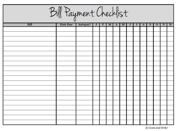 Free Printable Bill Payment Checklist | Bill Payment for Bill Payment Chart