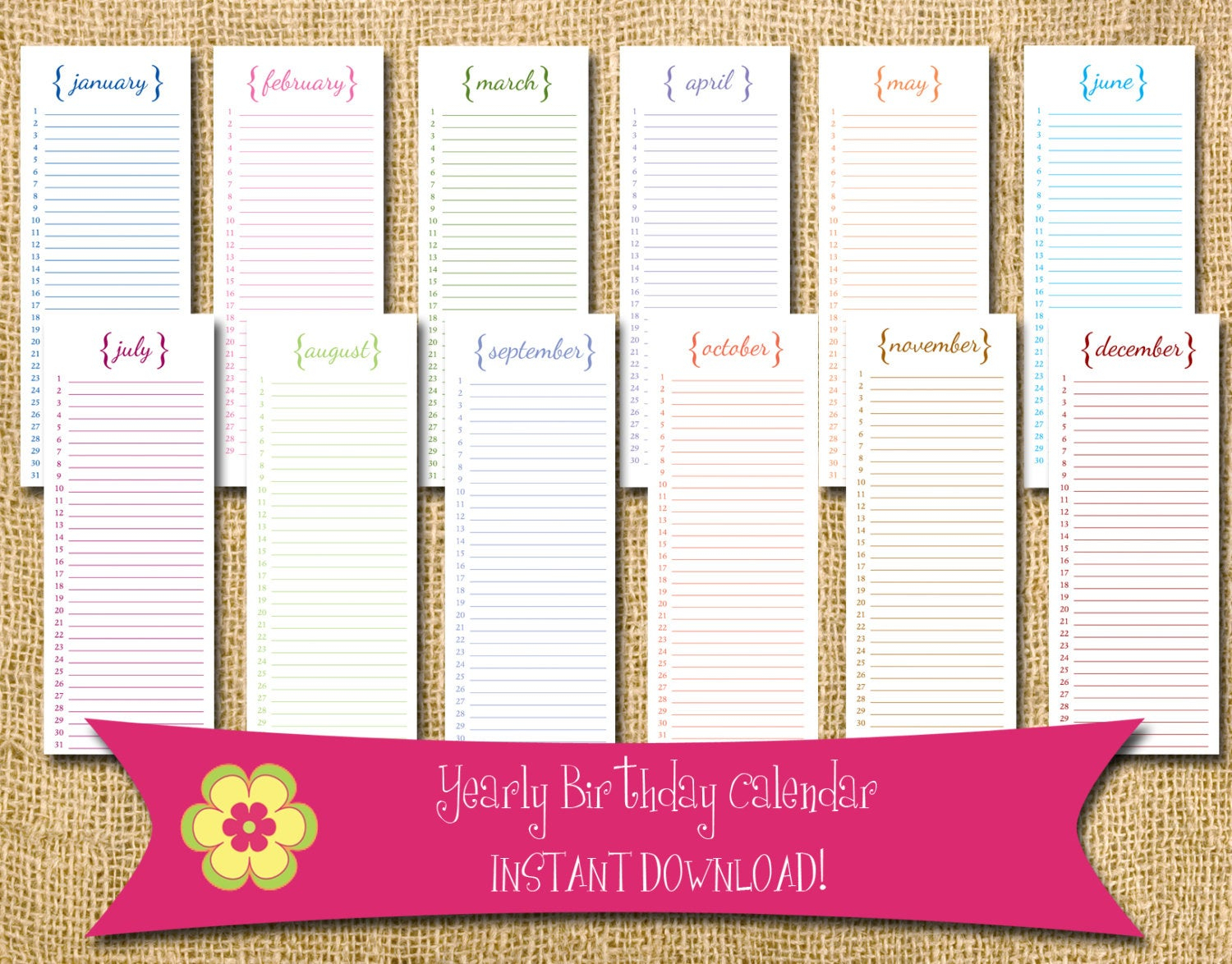 Instant Download Perpetual Birthday Calendar With Brackets inside Perpetual Monthly Calendar