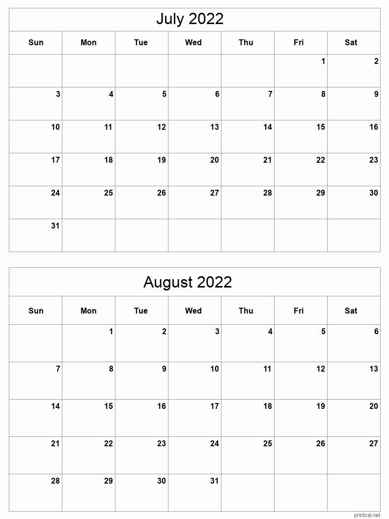 Julaug 2022 Printable Calendar | Two Months Per Page pertaining to Print 2 Month Calendar