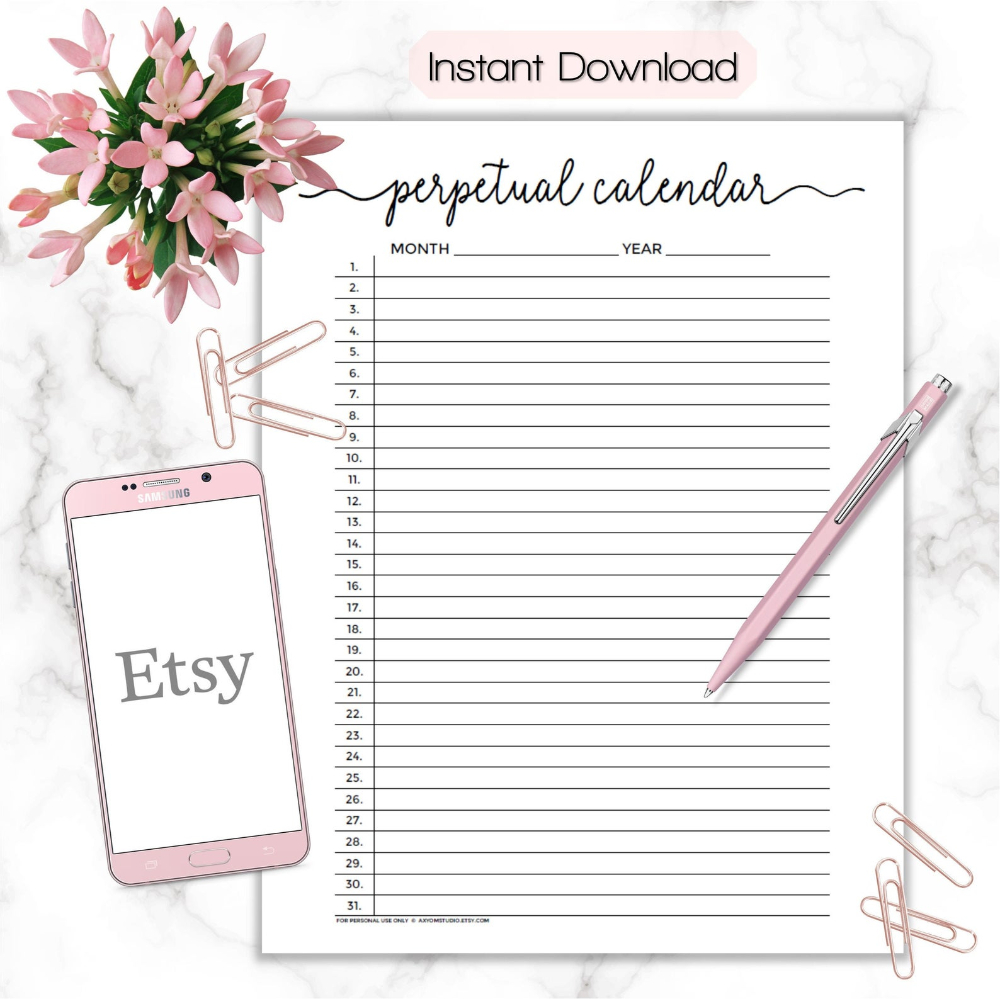Monthly Perpetual Calendar, Minimalist Printable Calendar with Perpetual Monthly Calendar