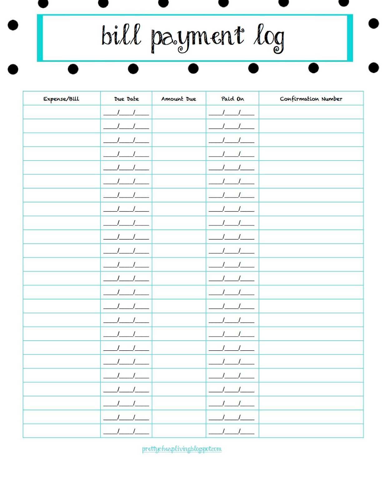 Pretty Cheap Living : Bill Payment Log Free Printable with Bill Payment Chart