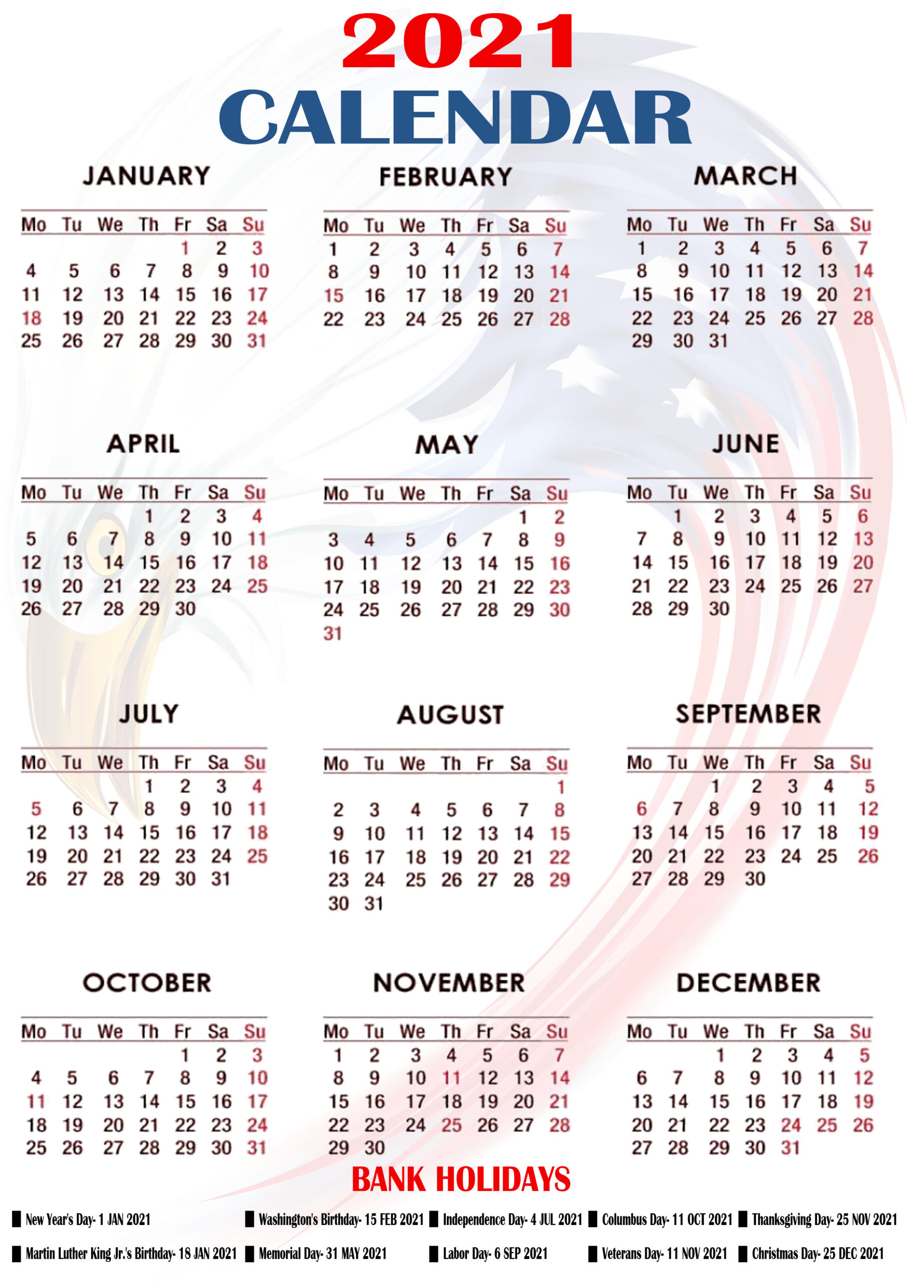 Printable 2021 Us Calendar With Holidays, Federal, Bank throughout Federal Holidays 2025