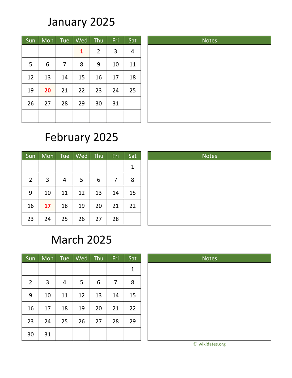 Printable 2025 Calendar | Wikidates for Federal Holidays 2025