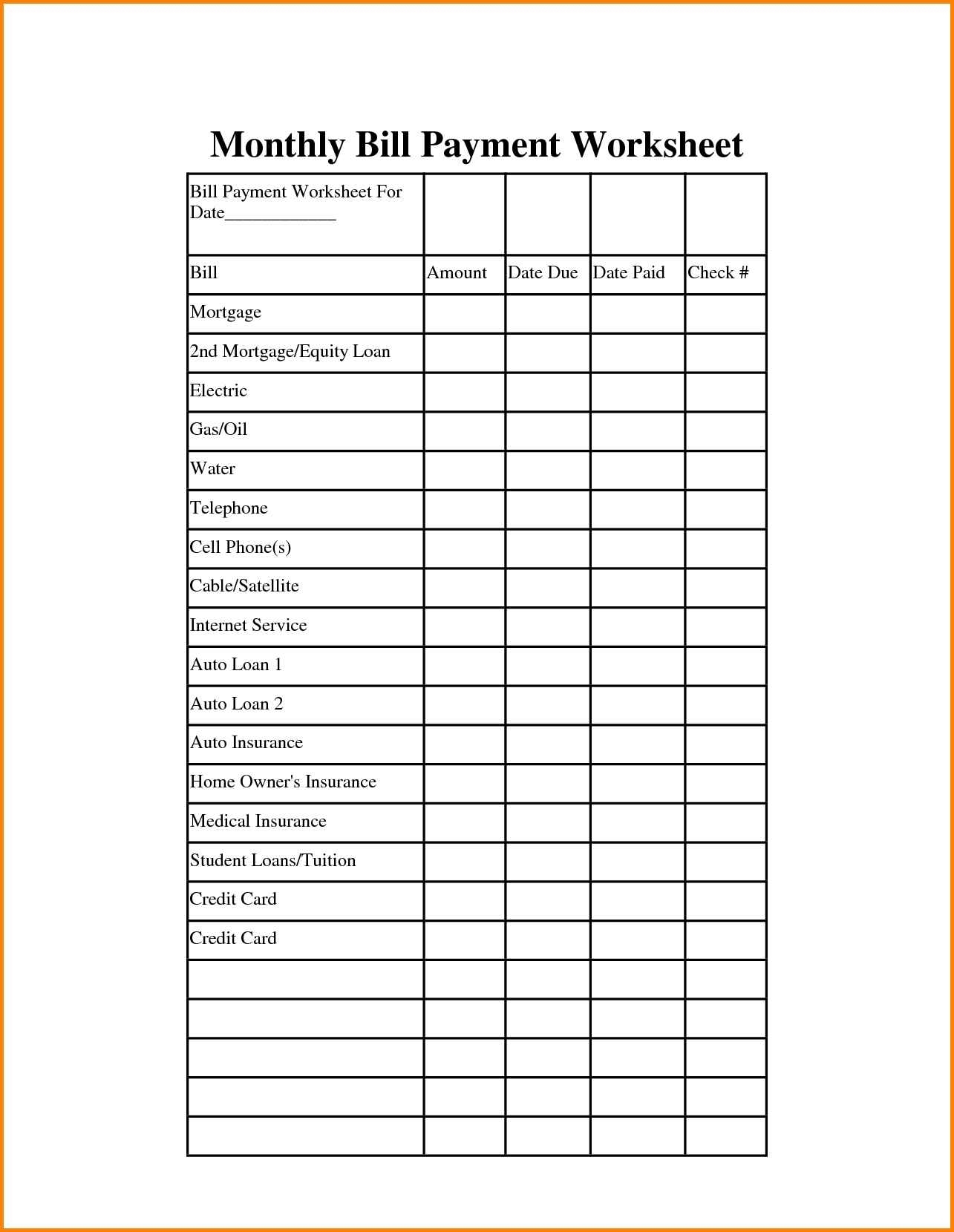 Printable Monthly Bill Payment Worksheet  Calendar within Printable Bill Organizer Sheet