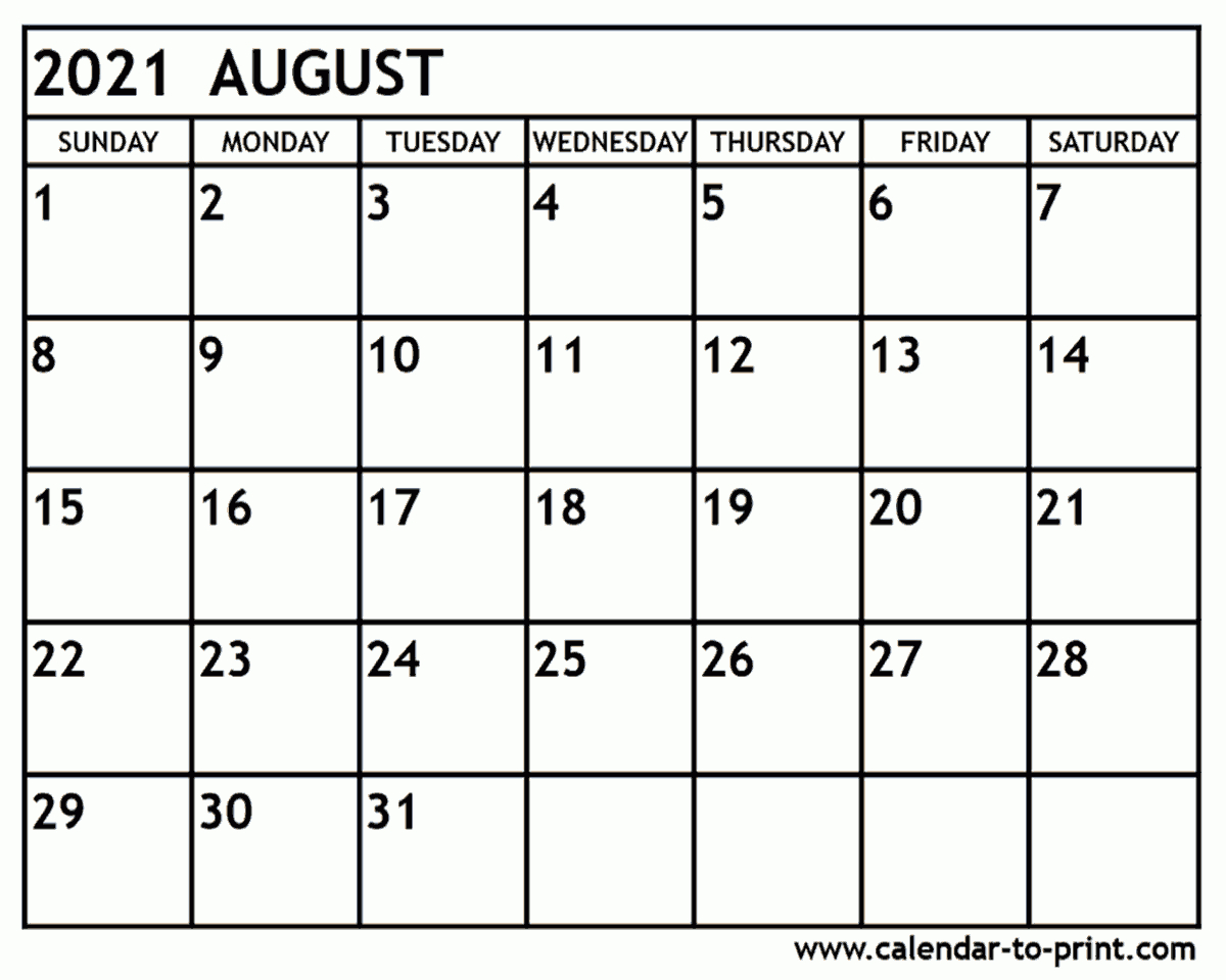 Printable Monthly Calendar August 2021 | Free 2021 in August 2021 Calendar Print