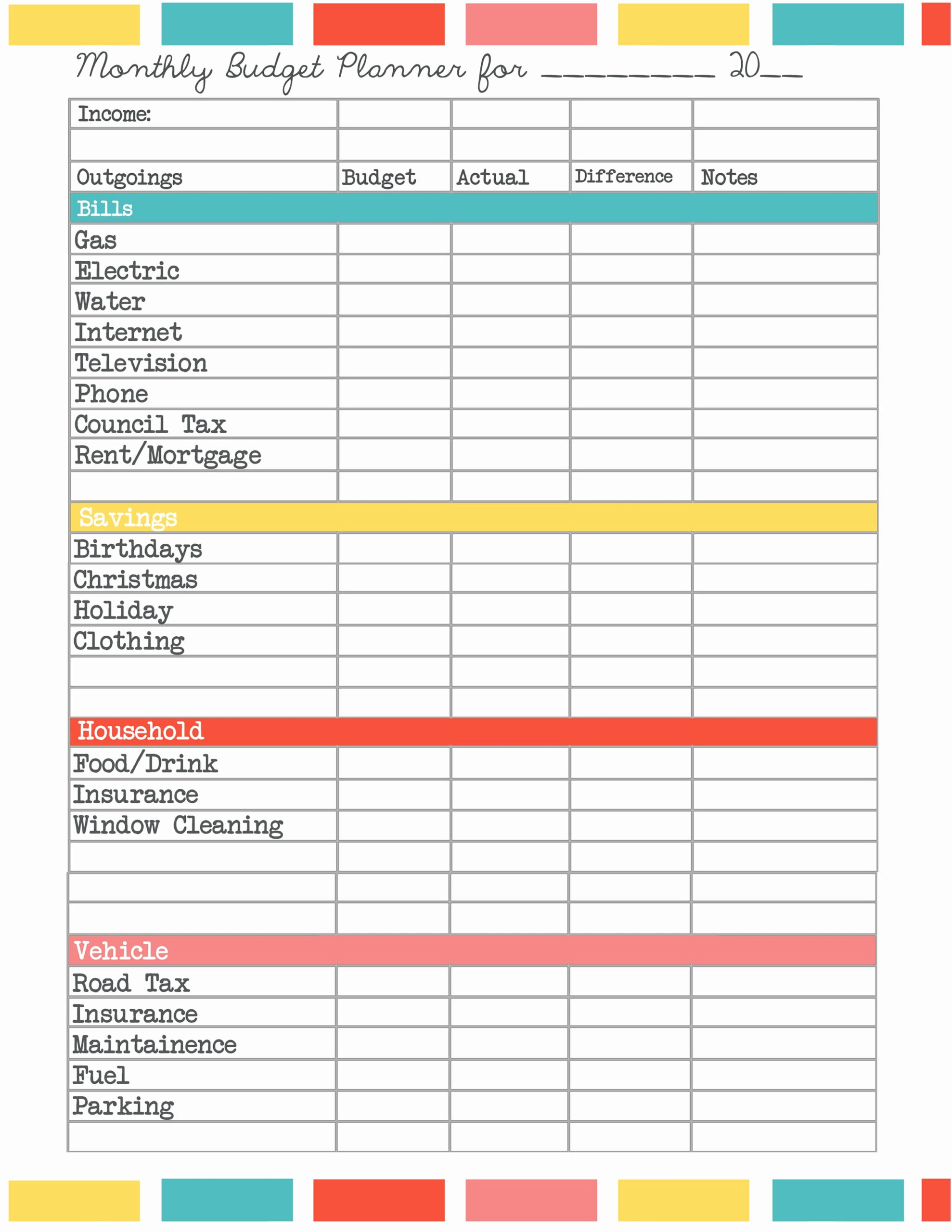 Printable Spreadsheet For Monthly Bills Throughout Monthly in Printable Bill Organizer Sheet