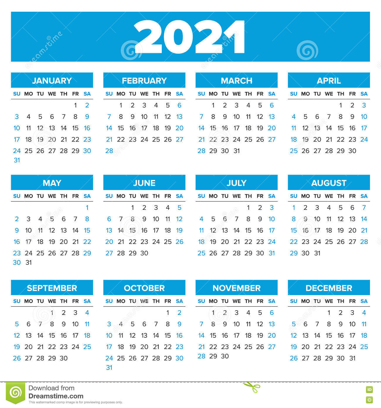 Prosty 2021 Roku Kalendarz Ilustracja Wektor. Ilustracja in Kalendarz Roczny 2021 2021