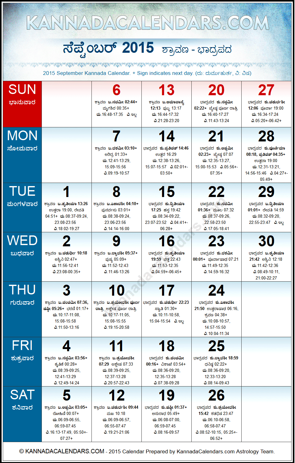 September 2015 Kannada Calendar | Manmatha Nama regarding 1986 Calendar In Kannada Panchangam