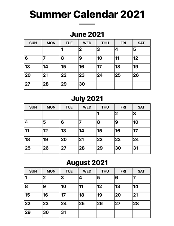 Summer 2021 Calendar  Calendar Options for 3 Month Printable Calendar Templates For 2021