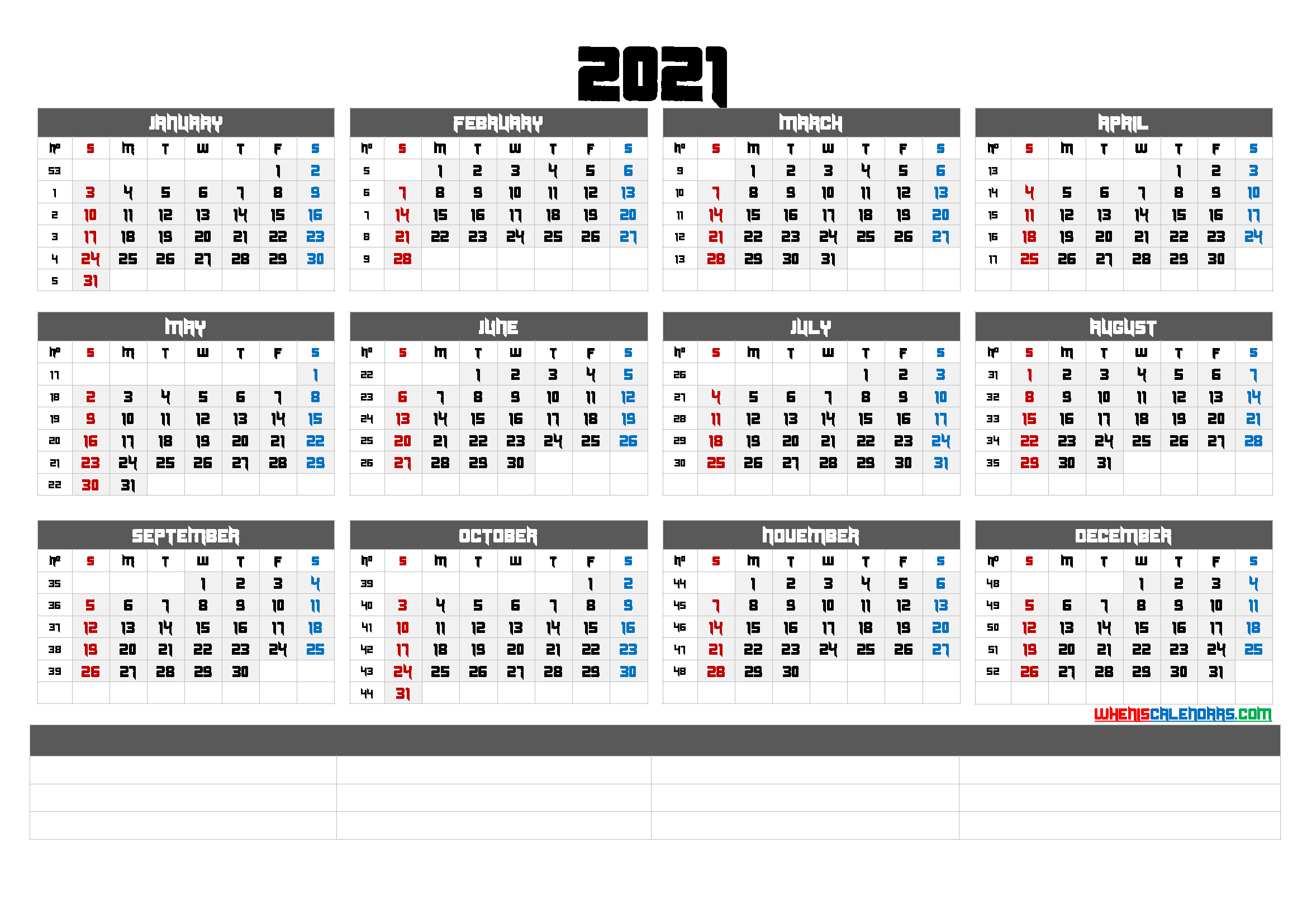 12 Month Calendar Printable 2021 (6 Templates) throughout 16 Week Calendar Template