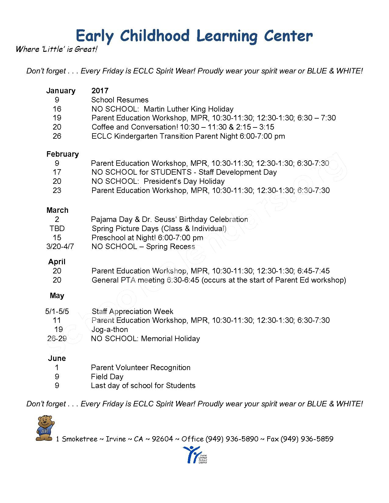 2016  2107 Eclc Calendar | Early Childhood Learning intended for Quarterly Calendar Uci