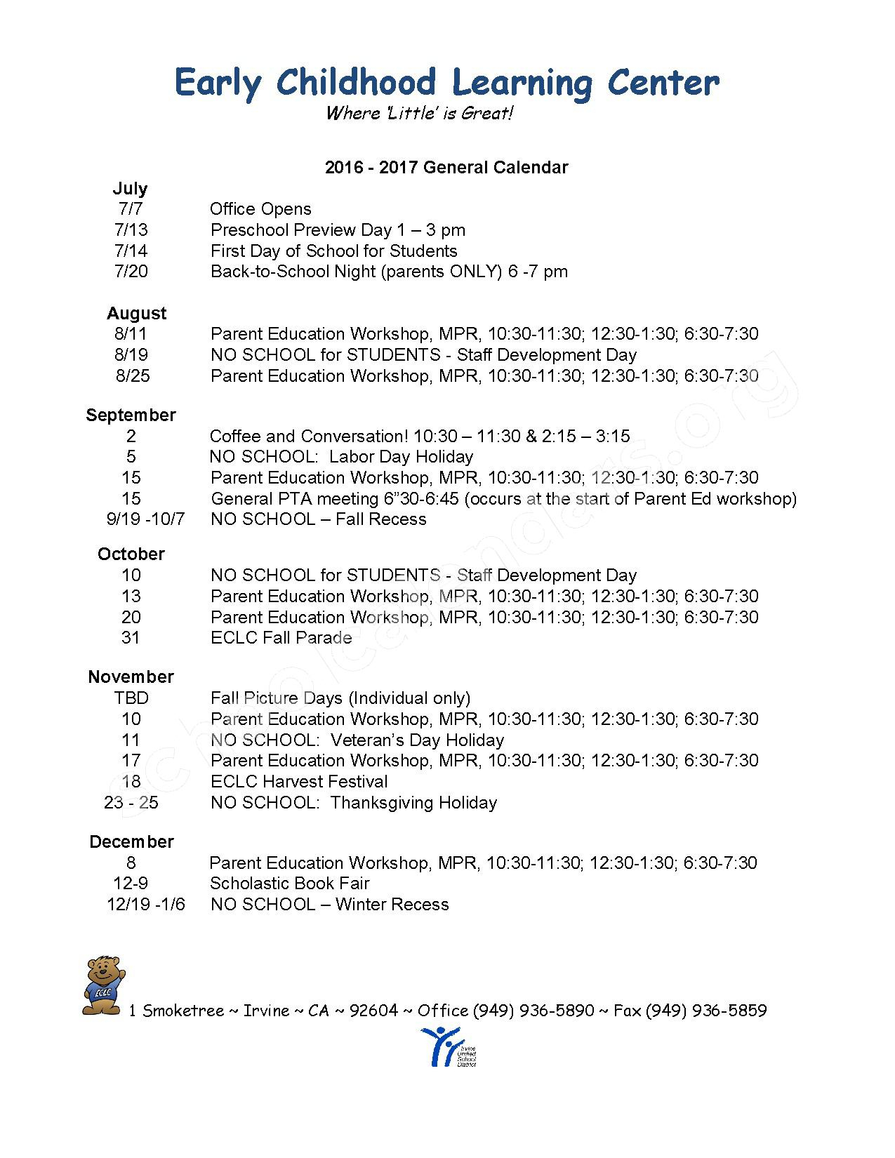 2016  2107 Eclc Calendar | Early Childhood Learning with Quarterly Calendar Uci