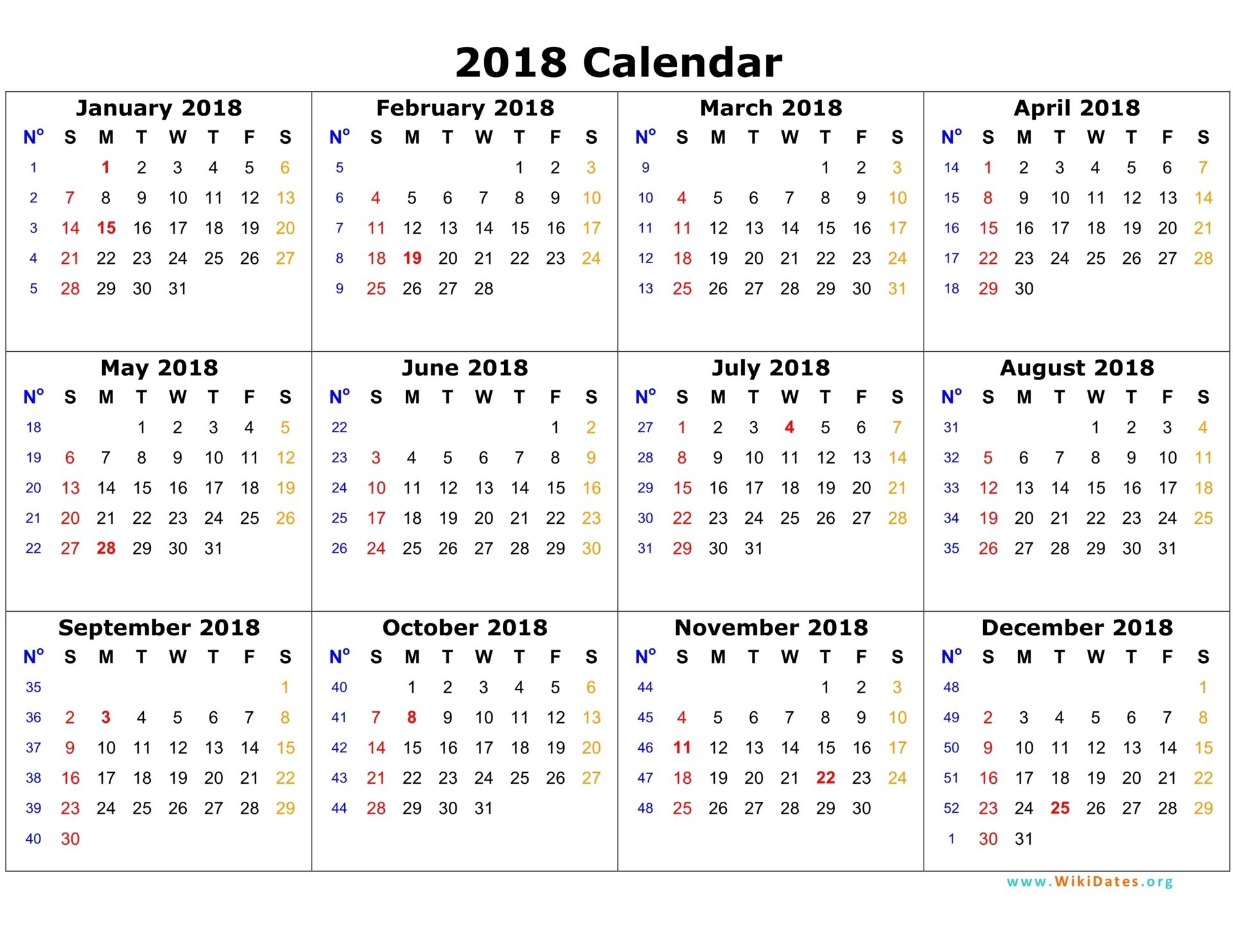 2018 Calendar On One Page | Calendar Template 2016 regarding One Page 12 Month Calendar