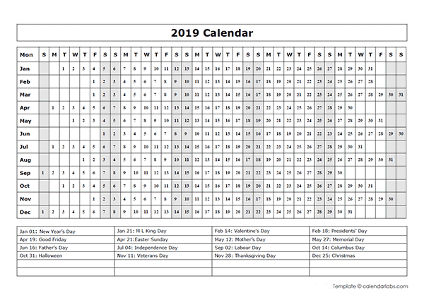 2019 Calendar Template Year At A Glance  Free Printable throughout At A Glance Calendar Printable