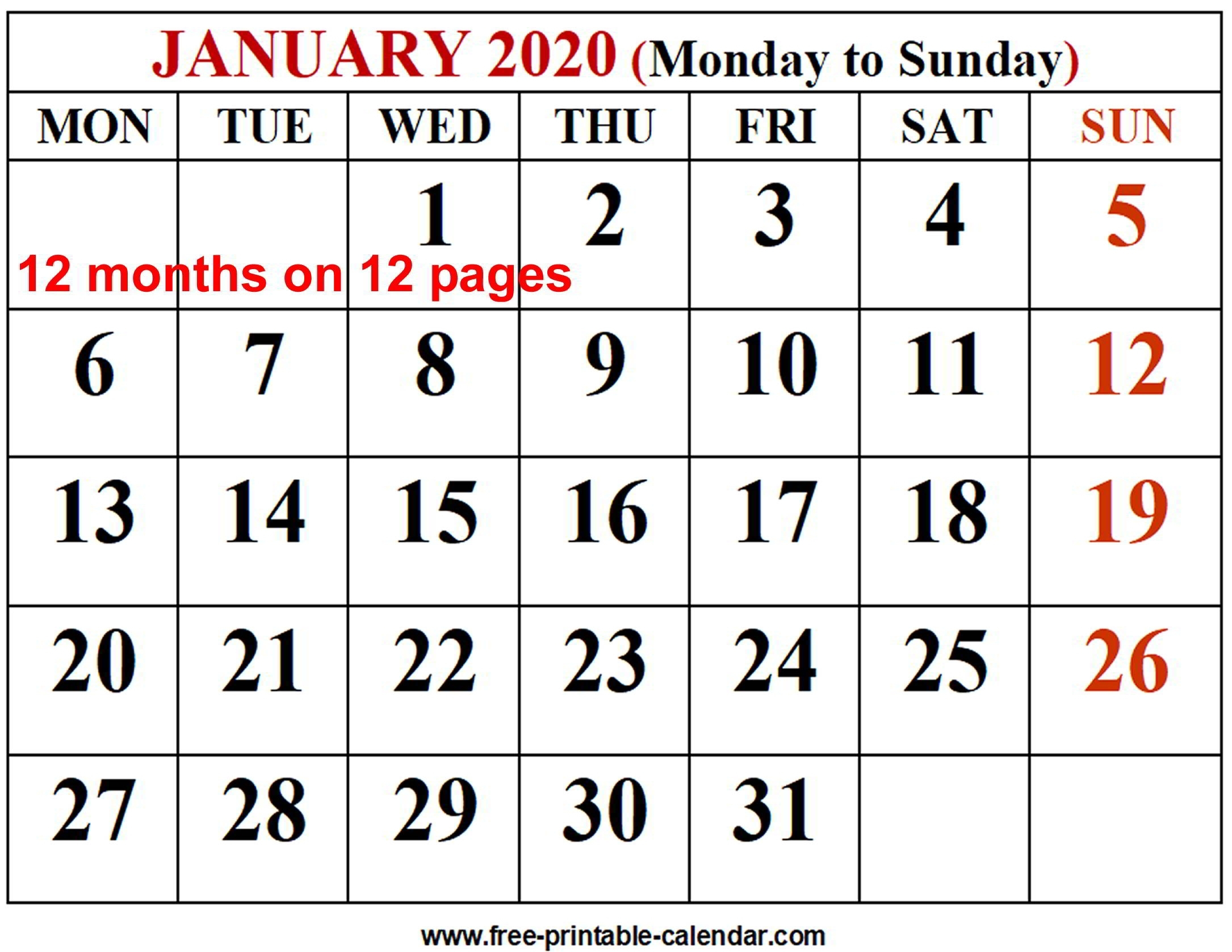 2020 12 Month Monday To Sunday Calendar Template inside Free Printable Calendars-Yearly-Denoting Weeks Within Month