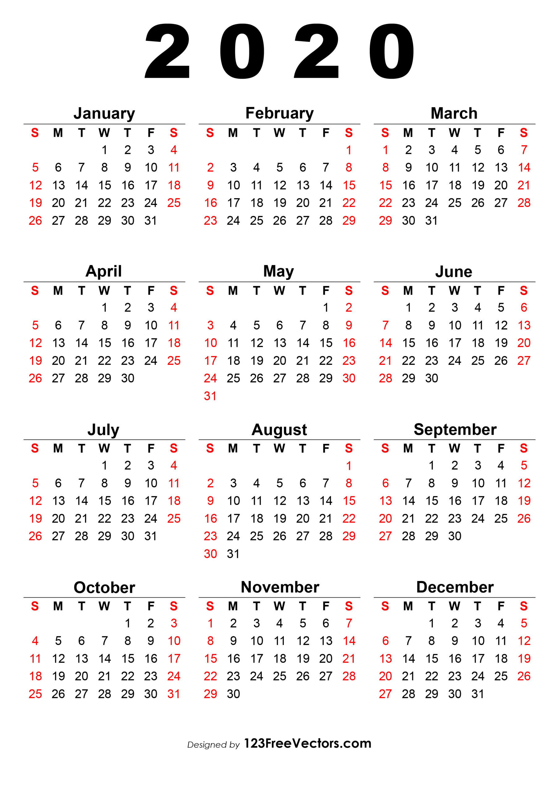 2020 12 Month Single File Calendar Printable Free in One Page 12 Month Calendar