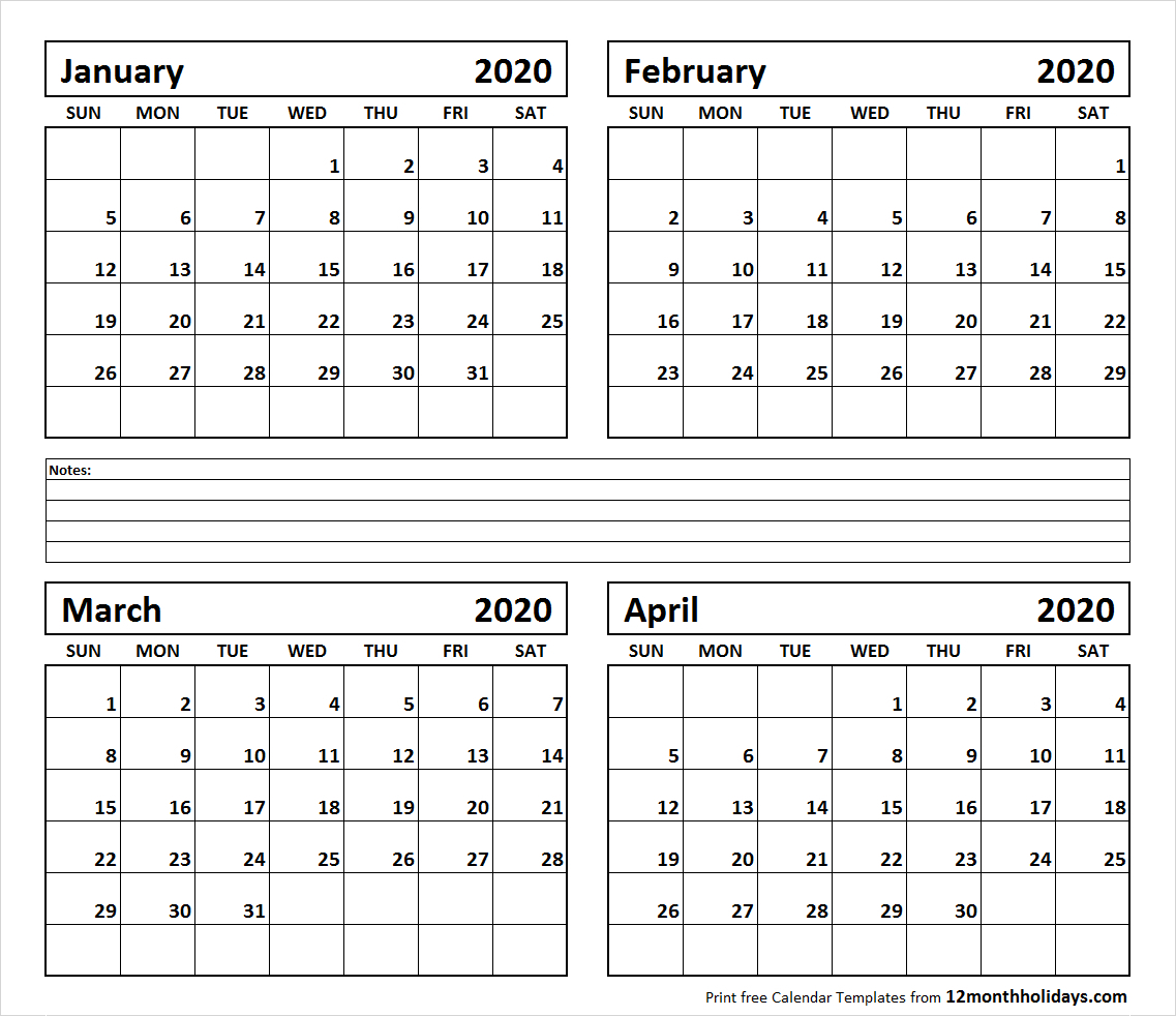 2020 Calendar 4 Month Template | Example Calendar Printable for Four Month Calendar Template