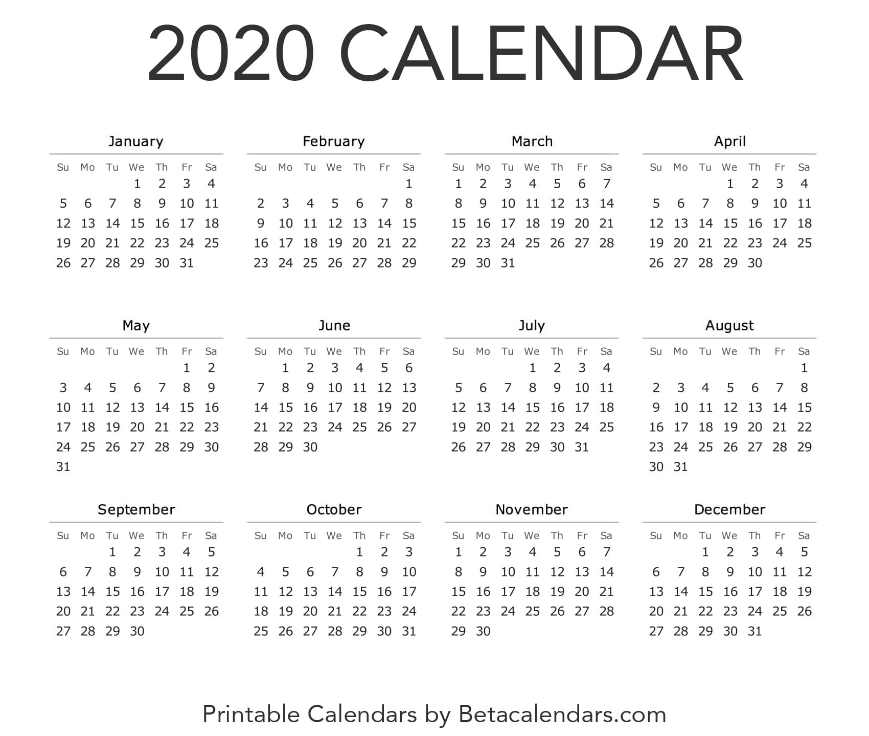 2020 Calendar  Beta Calendars with regard to Printable Calendars By Beta Calendars