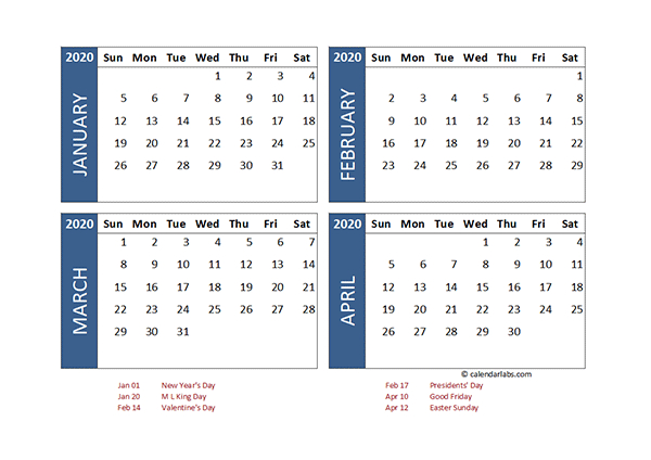 2020 Excel 4 Month Calendar Template  Free Printable with 4 Month Blank Calendar