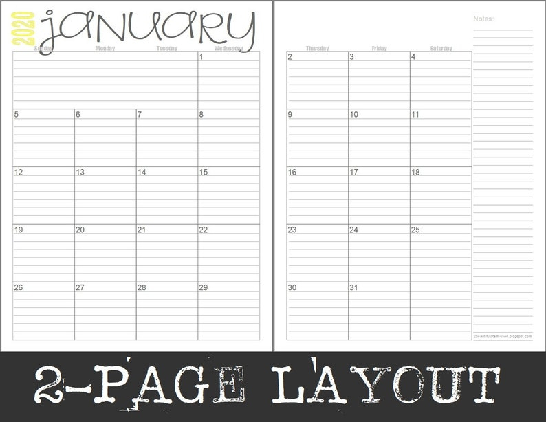 2020 Monthly 2Page Lined Calendars Full Year Printable | Etsy regarding Monthly Calendar Template With Lines
