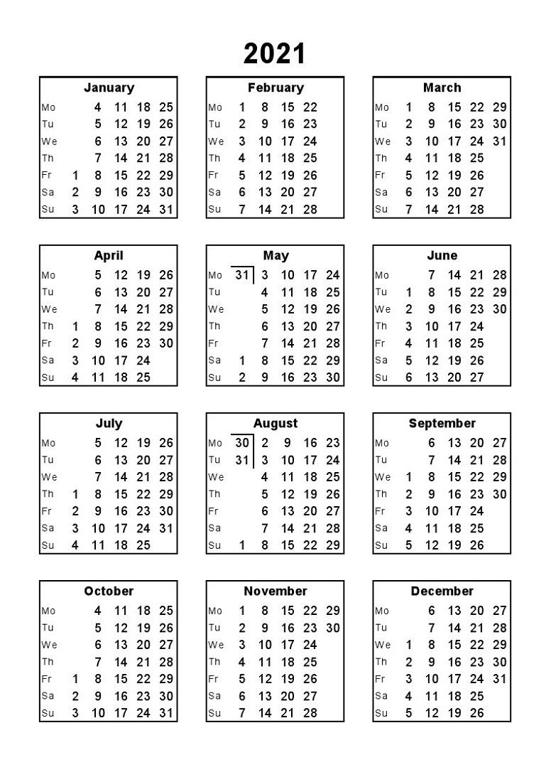 2021 12 Month Calendar Printable Free Full Page Di 2020 in One Page 12 Month Calendar