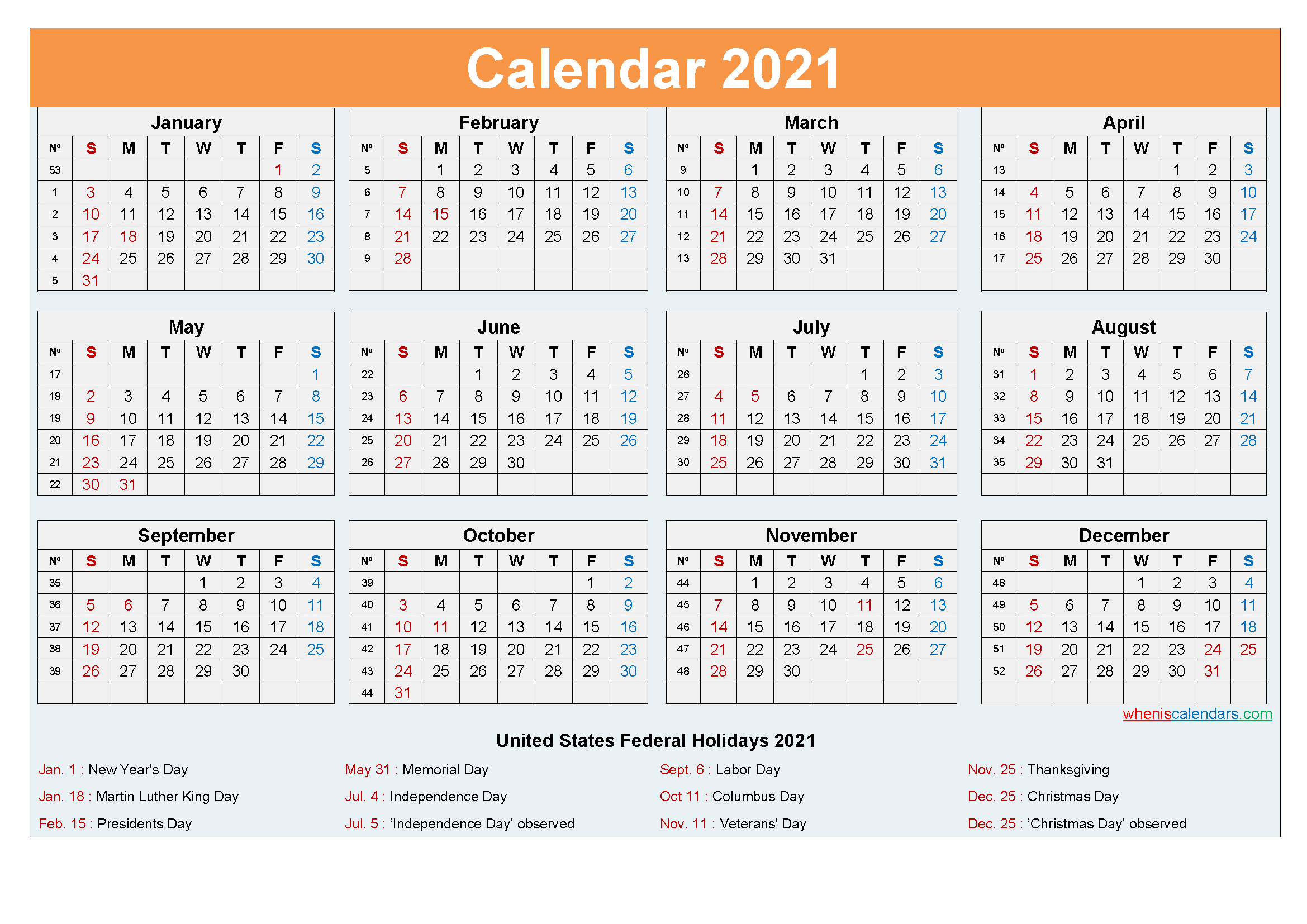 2021 Calendar With Holidays Template Word, Pdf  Free with regard to 2021 Monthly Calendar Printable Pdf