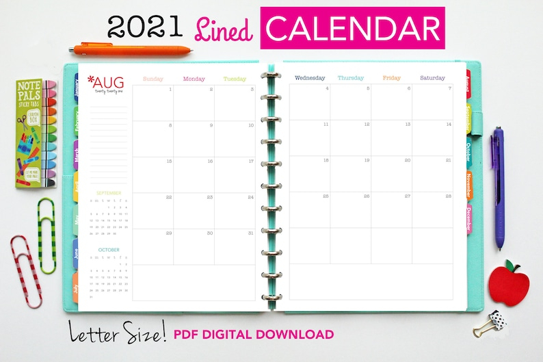2021 Lined Calendar  Printable Planner Inserts Pdf | Etsy with 2021 Lined Monthly Calendar Printable